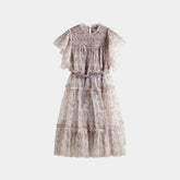 CERA UNA VOLTA CAROLINA SMOCKED TUELLE ROSE PRINT LAYERED MIDI GOWN